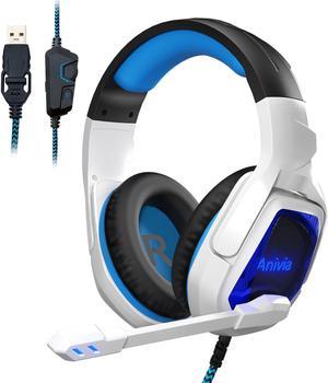 Gaming Headset for PC PS4 Computer Headphone Surround Stereo Sound USB Wired Headset with Mic Over-The-Ear Noise Isolating, Volume Control, LED Lights for PC Gamers (White)