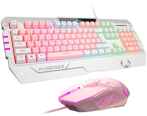 EACH Wired Gaming Keyboard and Mouse Combo, 104 Keys Pink White Mixed Rainbow RGB Backlit Mechanical Feel Keyboard, Ergonomic RGB Gaming Mouse, Full Size USB Keyboard Set for PC Desktop Laptop EACH Wired Gaming Keyboard and Mouse Combo, 104 Keys Pink White Mixed Rainbow RGB Backlit Mechanical Feel Keyboard, Ergonomic RGB Gaming Mouse, Full Size USB Keyboard Set for PC Desktop Laptop