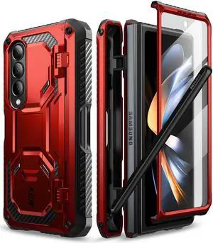 i-Blason Armorbox Case for Samsung Galaxy Z Fold 4 Case 5G (2022 Release) with Pen Holder & Kickstand, Full Body Protective Bumper Case with Built-in Screen Protector Red