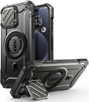 SUPCASE UB Mag XT for iPhone 15 Pro Case 6.1" with Camera Cover, [Compatible with MagSafe] Heavy Duty Rugged Case with Built-in Kickstand (Black)