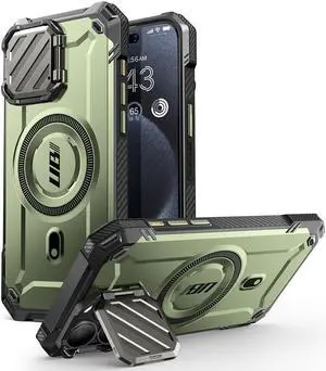 SUPCASE UBMag XT for iPhone 15 Pro Max Case 6.7" with Camera Cover, [Compatible with MagSafe] Heavy Duty Rugged Case with Built-in Kickstand  Green
