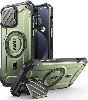 SUPCASE UB Mag XT for iPhone 15 Pro Case 6.1" with Camera Cover, [Compatible with MagSafe] Heavy Duty Rugged Case with Built-in Kickstand  Green