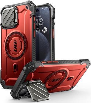 SUPCASE UB Mag XT for iPhone 15 Pro Case 6.1" with Camera Cover, [Compatible with MagSafe] Heavy Duty Rugged Case with Built-in Kickstand Red