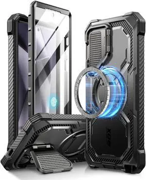 i-Blason Armorbox for Samsung Galaxy S24 Ultra Case with Camera Cover Stand, [Compatible with MagSafe] Full-Body Rugged Protective Case with Built-in Screen Protector & Kickstand (Black)