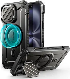 SUPCASE for iPhone 16 Case 6.1'' 2024 with Camera Cover Stand (UBMag XT), [Compatible with MagSafe] [Built-in Kickstand] [Military-Grade Protection] Heavy Duty Rugged Magnetic Phone Case, Black
