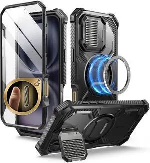 i-Blason Armorbox for iPhone 16 Plus Case MagSafe [Camera Control Capture Button] [Built-in Screen Protector] [Camera Cover Stand] Military Protection Magnetic Phone Case for iPhone 16 Plus, Black