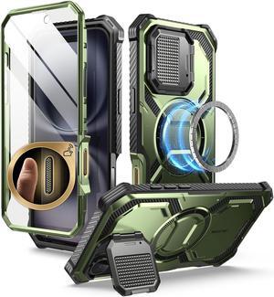 i-Blason Armorbox for iPhone 16 Plus Case MagSafe [Camera Control Capture Button] [Built-in Screen Protector] [Camera Cover Stand] Military Protection Magnetic Phone Case for iPhone 16 Plus, Green