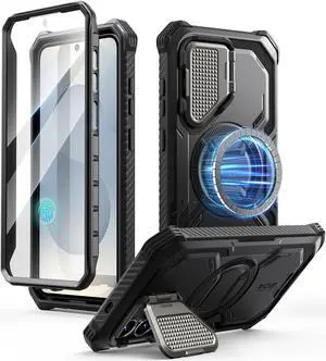 i-Blason for Samsung Galaxy S25 Case with Camera Cover Stand [Strong N52 Magnets] [Built-in Screen Protector] Full-Body Military-Grade Protection Rugged Magnetic Phone Case Cover 
for S25 6.2'', Black