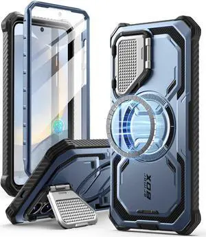 i-Blason for Samsung Galaxy S25 Case with Camera Cover Stand [Strong N52 Magnets] [Built-in Screen Protector] Full-Body Military-Grade Protection Rugged Magnetic Phone Case Cover for S25 6.2'', Blue