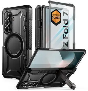 SUPCASE UB Grip for Samsung Galaxy Z Fold 7 Case with Kickstand, [Compatible with MagSafe] [Built-in Tempered Glass Screen Protector] [Hinge Coverage] Military-Grade Protection Phone Case, Black