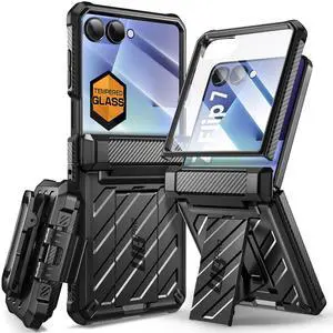 SUPCASE Unicorn Beetle Pro for Samsung Galaxy Z Flip 7 Case with Built-in Stand & Belt-Clip, [Hinge Protection] [Front Tempered Glass Screen Protector] Full Body Military-Grade Phone Cover, Black