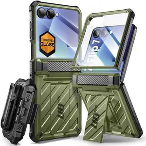 SUPCASE Unicorn Beetle Pro for Samsung Galaxy Z Flip 7 Case with Built-in Stand & Belt-Clip, [Hinge Protection] [Front Tempered Glass Screen Protector] Full Body Military-Grade Phone Cover, Green