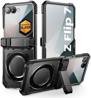 SUPCASE Unicorn Beetle Grip for Samsung Galaxy Z Flip 7 Case with Stand & Front Screen Protector, [Support MagSafe] [Hinge Protection] Full Body Military-Grade Translucent Back Phone Cover, Black