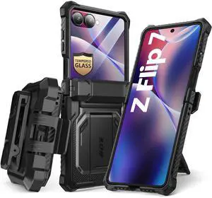 i-Blason Armorbox for Samsung Galaxy Z Flip 7 Case with Stand, [Tempered Glass Screen Protector] [Hinge Protection] [Belt-Clip], Full-Body Military Protection Phone Cover for Samsung Z Flip 7, Black