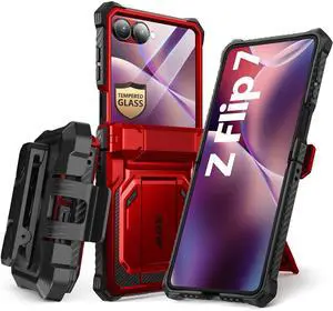 i-Blason Armorbox for Samsung Galaxy Z Flip 7 Case with Stand, [Tempered Glass Screen Protector] [Hinge Protection] [Belt-Clip], Full-Body Military Protection Phone Cover for Samsung Z Flip 7, Red