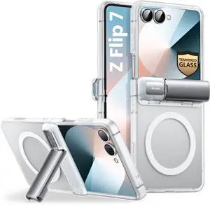 i-Blason for Samsung Galaxy Z Flip 7 Case with Stand [Tempered Glass Screen Protector] [Hinge Protection] [Support Wireless Charging] Slim Matte Protective Magnetic Phone Case for Z Flip 7, Clear