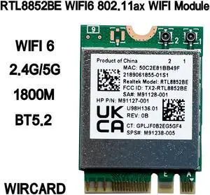 RTL8852BE Dual Band 2.4G/5G WIFI6 802.11ax WIFI Card 1800M BT5.2 Module Network NGFF M.2 For laptop/PC Support  Win10/Win11