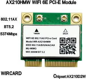 Mini PCI-E WiFi Card AX210 Wlan Network Card  For Win10 WIFI6E 5374Mbps AX210HMW PCI-E Bluetooth 5.2 802.11AX 2.4G/5G/