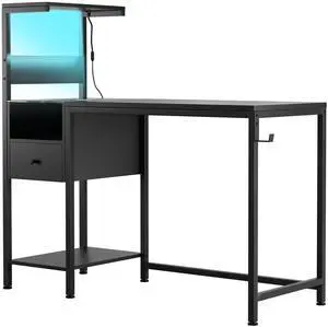 Jicheng Computer Desk with Power Outlet & Storage Shelves, Study Writing Table with USB Ports Charging Station, PC Desk Workstation for Home Office, Black