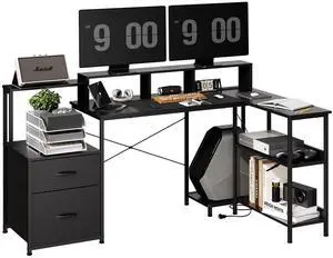 Jicheng L Shaped Desk Desk with File Drawer, 73" Reversible L Shaped Computer Desk with Power Outlet, Storage Shelves and Monitor Stand Corner Desk-Black