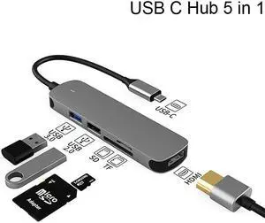 USB C Hub Multiport Adapter, 5 in 1 USB-C to HDMI Adapter with HDMI 4K@30Hz, USB 3.0 Fast Data Transfer SD/TF Card Reader, USB C Docking Station for Apple MacBook Air, MacBook Pro