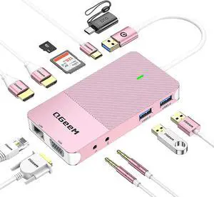 QGeeM USB 3.0 Docking Station, Triple Display USB C Hub Dual HDMI VGA Adapter, Portable USB A Dock Dual Monitor Compatible with All USB-C and USB 3.0 Laptop (Pink)