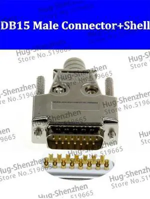 Top D-Sub 15-pin DB15 2 row gold plate plug (male) solid pin module + removable metal shell housing