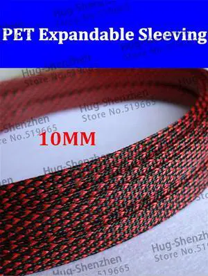 10mm 100M High density Flexible PET Expandable Braided sleeve wire harness sleeving - Black & Red color
