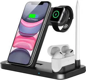 QI-Wireless Charger, 4 in 1 Qi-Certified Fast Charging Station Compatible Apple Watch Airpods Pro iPhone 12 Pro/12/11pro/X/XS/XR/Xs Max/8/8 Plus, Wireless Charging Stand Compatible Samsung Galaxy S20