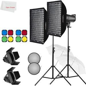 Godox SK400II Flash Kit, Studio Flash Strobe Light with Built-in 2.4G Wireless X System Compatible for Bowens Mount Softbox with Honeycomb Grid Softbox, Light Stand, Barn Door (2pcs)