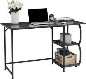 Two Shelves Computer Home Office Gaming Writing Desk Notebook Table Workstation Stand Easy Assemble, 47", Black + Black Frame