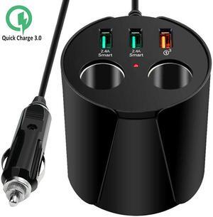 Car Charger Fast Quick Charge 3.0 USB HUB Cup Holder Adapter Compatible Galaxy S9 Plus S8 A8 iPhone 7 6S 6 X 8 iPad - Dual Socket Lighter Splitter Cigarette Extender Multi Charging Port Outlet
