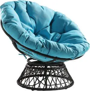 OSP Home Furnishings Wicker Papasan Chair with 360-Degree Swivel, Grey Frame with Blue Cushion