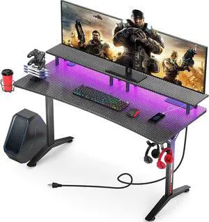 SEVEN WARRIOR Gaming Desk 55INCH with LED Lights & Power Outlets, Carbon Fiber Surface Computer Gamer Desk with Full Desk Mouse Pad, Ergonomic Y Shaped Leg Gamer Table with Monitor Stand