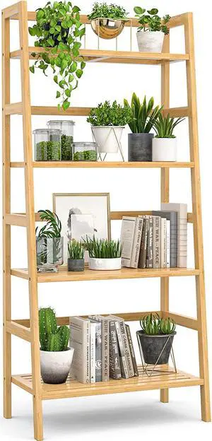 Homykic Bamboo Bookshelf 4-Tier Ladder Shelf, 49.2 Freestanding Open Bookcase Book Shelf Bathroom Storage Shelf Unit Plant Stand for Small Space, Bedroom, Living Room, Home Office, Natural