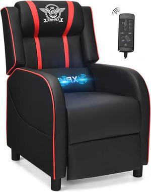 POWERSTONE Gaming Recliner Chair, Reclining Gaming Chair Ergonomic Leather Sofa with Footrest Lumbar Support Headrest and Side Pouch for Living Room Home Theater, Red