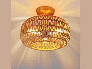 IBESTWIN Rattan Ceiling Light Fixtures, 3-Light 12.6 Inch Antique Brass Handmade Woven Boho Semi Flush Mount Ceiling Light for Bedroom, Kitchen, Living Room