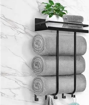 1PC Bath Towel Racks for Bathroom Organizer, Metal Towel Holder, Wall Mounted Towel storage And Organizer Rack, Towels Organizer with Top Storage Shelf And 5 Hooks