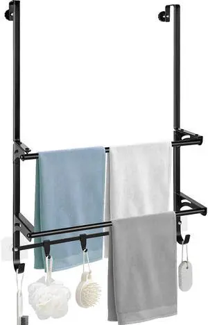 SUNZOS Over The Door Towel Rack, 2-Tier Bathroom Towel Rack with 6 Hooks for Door Hanging, Behind Door Towel Bar Towel Storage Holder for Small Bathroom, 15.9" L x 4.7" W x 24.1" H