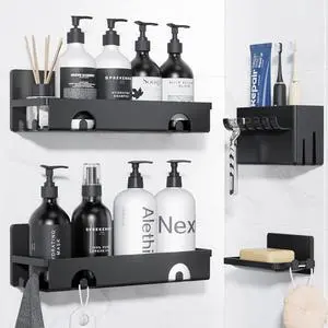 Shower Caddy 4 Pack, Adhesive Bathroom Shower Shelf No Drill, Bathroom Shower Storage Rack with Hooks, Soap Razor Toothbrush Holder, Kitchen Organiser Shower Accessories Black