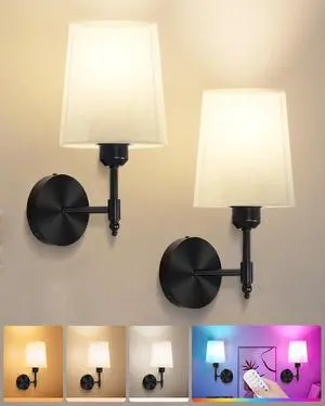 Ouyulong Battery Operated Wall Sconces Set of 2, Wireless Rechargeable Dimmable Wall Light with 5600mAh RGB Bulb and Remote for Bedroom, Living Room, Hallway (Black)
