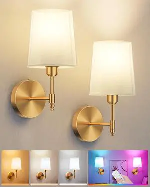 Ouyulong Battery Operated Wall Sconces Set of 2, Wireless Rechargeable Dimmable Wall Light with 5600mAh RGB Bulb and Remote for Bedroom, Living Room, Hallway (Gold)