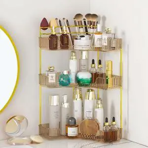 Corner Bathroom Counter Organizer, 3-Tier Countertop Perfume Tray Organizer with Makeup Brush Holder, Vanity Makeup Cosmetic Storage for Dresser