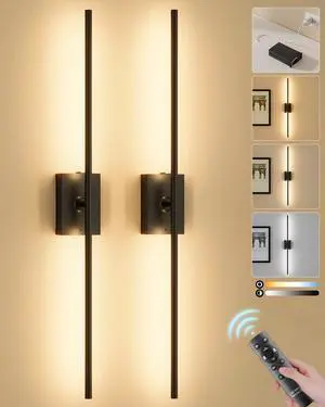 Ouyulong Battery Operated Wall Sconces Set of 2, 10000mAh Wireless Rechargeable 3000-6000K Dimmable 350° Rotate Wall Light with Remote for Living Room, Bedroom 31.6in Black