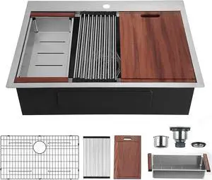 33 inch Topmount Drop in Workstation Ledge Kitchen Sink Single Bowl Stainless Steel 18 Gauge TIght Radius Sink