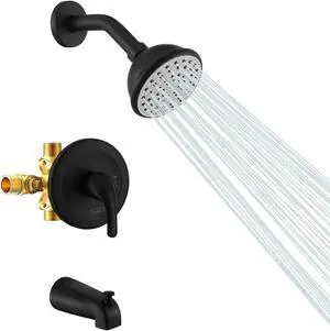 Shower Faucets Sets Matte Black, Tub and Shower Trim Kit with Pressure Balance Valve, Single Handle Trim Kit with 4 Inch Shower Head, Tub Spout with Diverter
