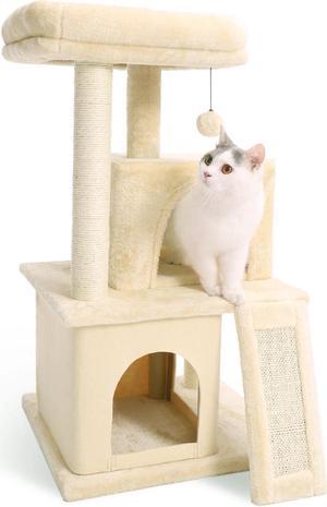 Cat Tree Sisal Scratching Post Kitten Furniture Plush Condo Playhouse with Dangling Toys Cats Activity Centre Beige