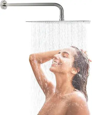 12 Inch Rain Shower Head Brushed Nickel with 16 Inch Extension Shower Arm, Square Ultra Thin 304 Stainless Steel Large Rainfall Shower Head, Waterfall Full Body Coverage Waterfall Shower Head