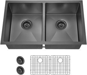 31" L X 18" W Double Bowl Undermount Kitchen Sink With Basket Strainer