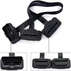 Dual Female Y Splitter Elbow 16Pin OBD 2 Extender ODB OBD2 Cable 16 Pin Male To Female Flat Noodle OBD II Extension Connector
